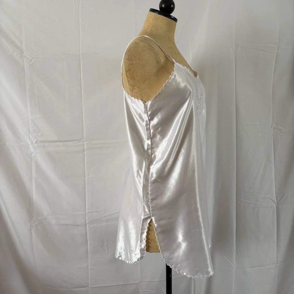 Vintage 60s white satin nightgown embroidered floral slip dress lingerie